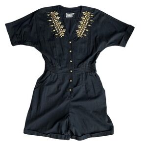 Vtg DEADSTOCK 80’s Glam Black Gold Hollywood Regency Romper Cuffed Cinched Waist
